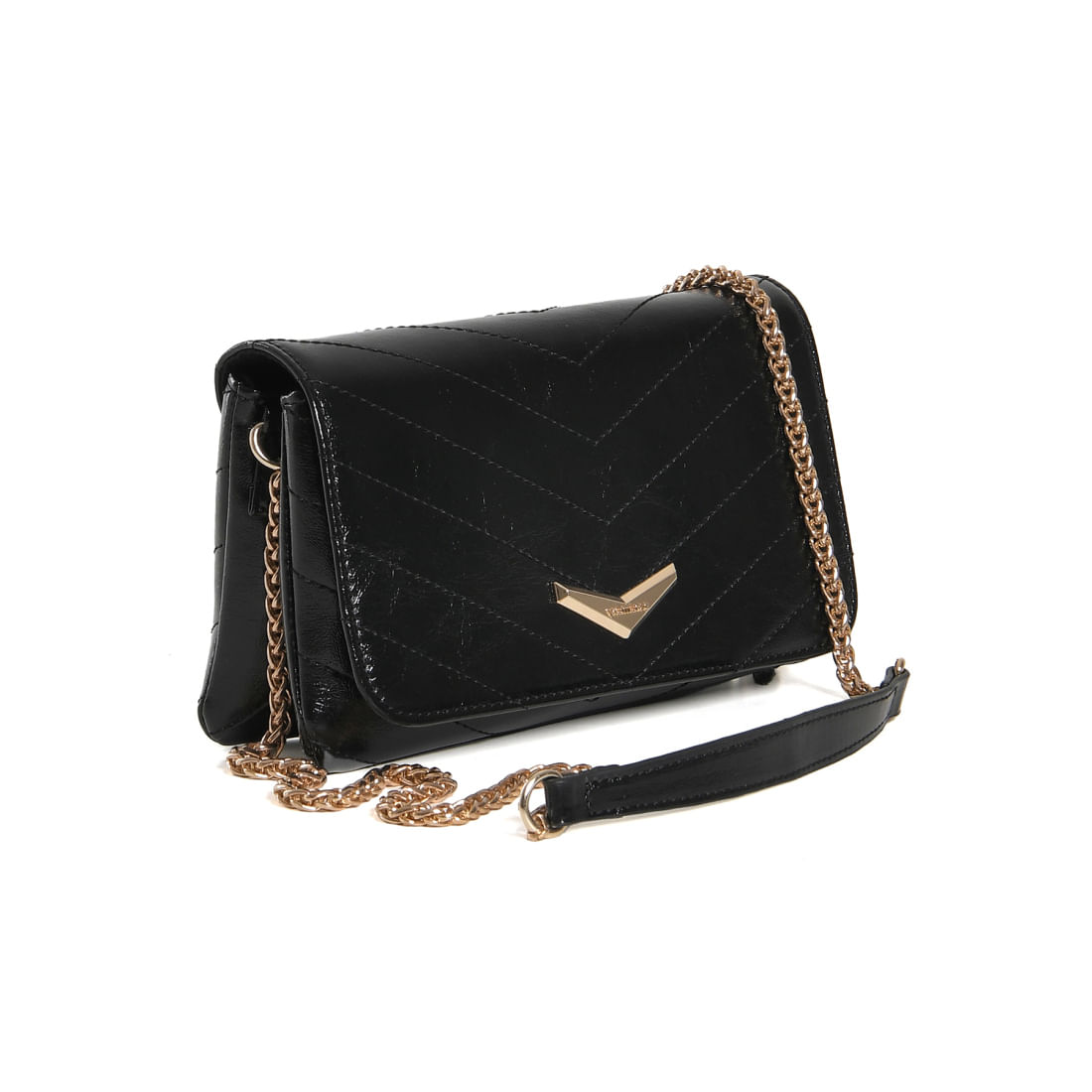 Bolsa tiracolo preta verniz com corrente dourada e logo dourado em forma de V vista lateral direita